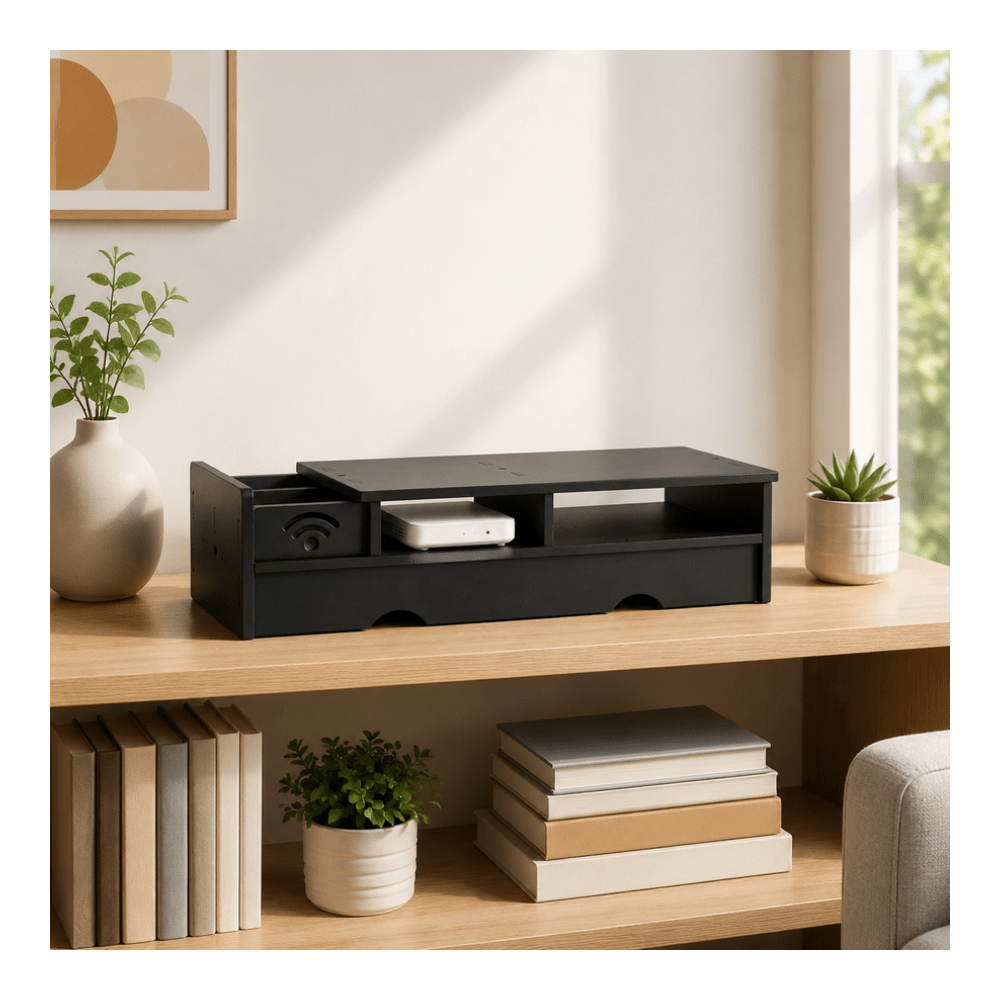 Office Tech Setup - Schwarze Matte WLAN-Router-Aufbewahrungsbox Kompakter Schreibtisch-Organizer für