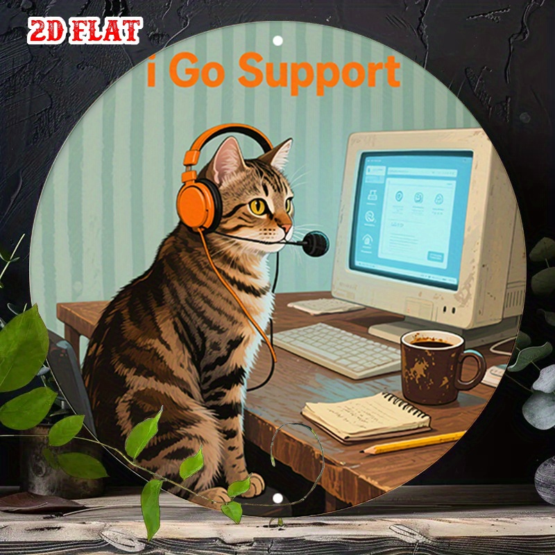 Office Tech For Home - CIFBUY 2D Flache Lustige Tech-Support-Katze Aluminium-Wandkunst