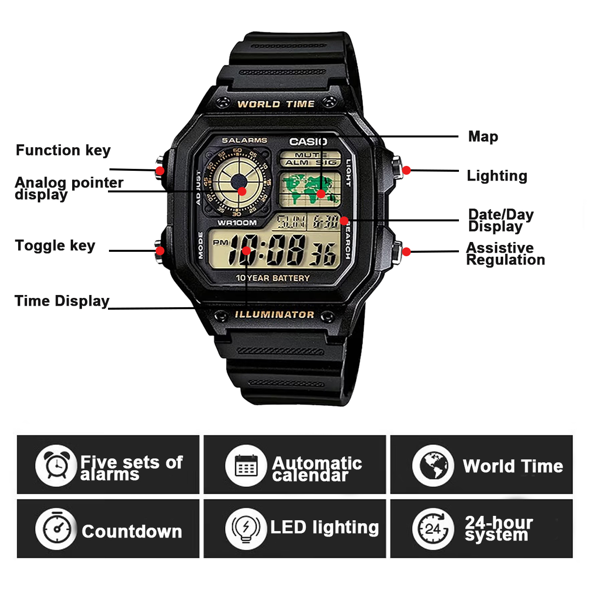 Casio AE1200WH Serie |   Herre – Digital Timer Countdown Bewertung und Preis